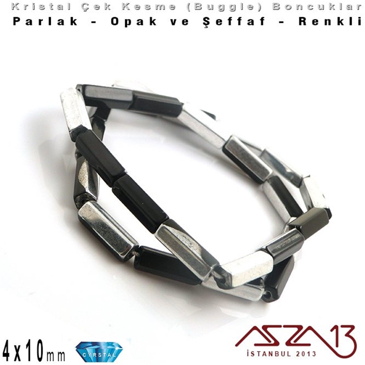 Çek Kristal, Beşgen Çubuk Boncuk - 4x10 mm - Karışık Renk (Jet Silver) - 25 Adet