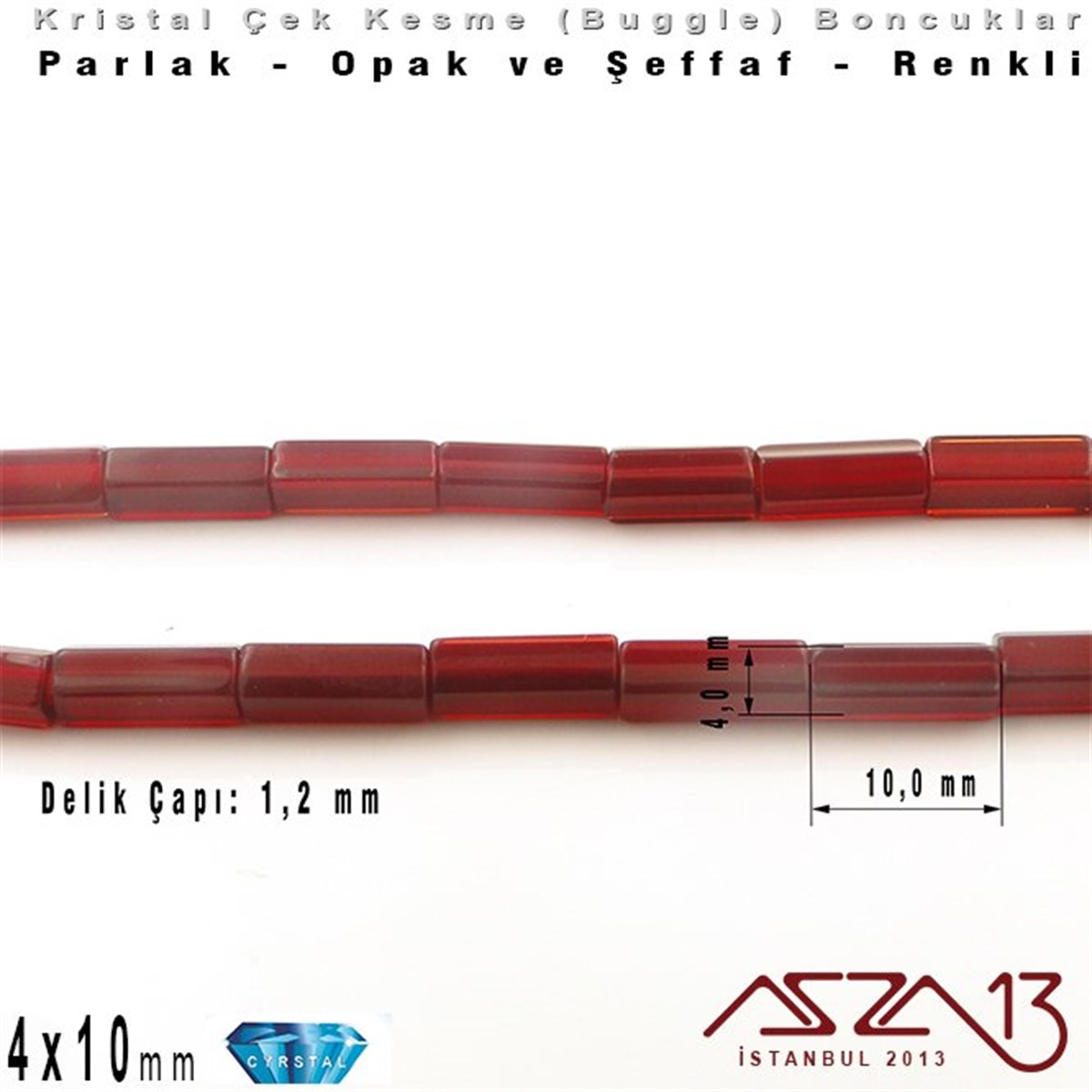 Çek Kristal, Beşgen Çubuk Boncuk - 4x10 mm - Karışık Renk (Garnet) - 25 Adet