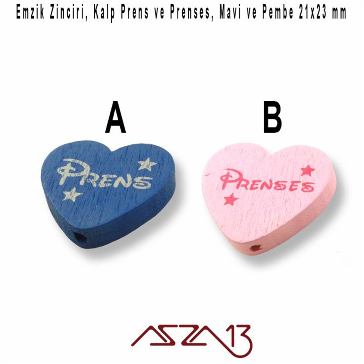 Prens ve Prenses Kalp 21x23 mm, Pembe ve Mavi, Ahşap Boncuk / Paket İçeriği 1 Adet