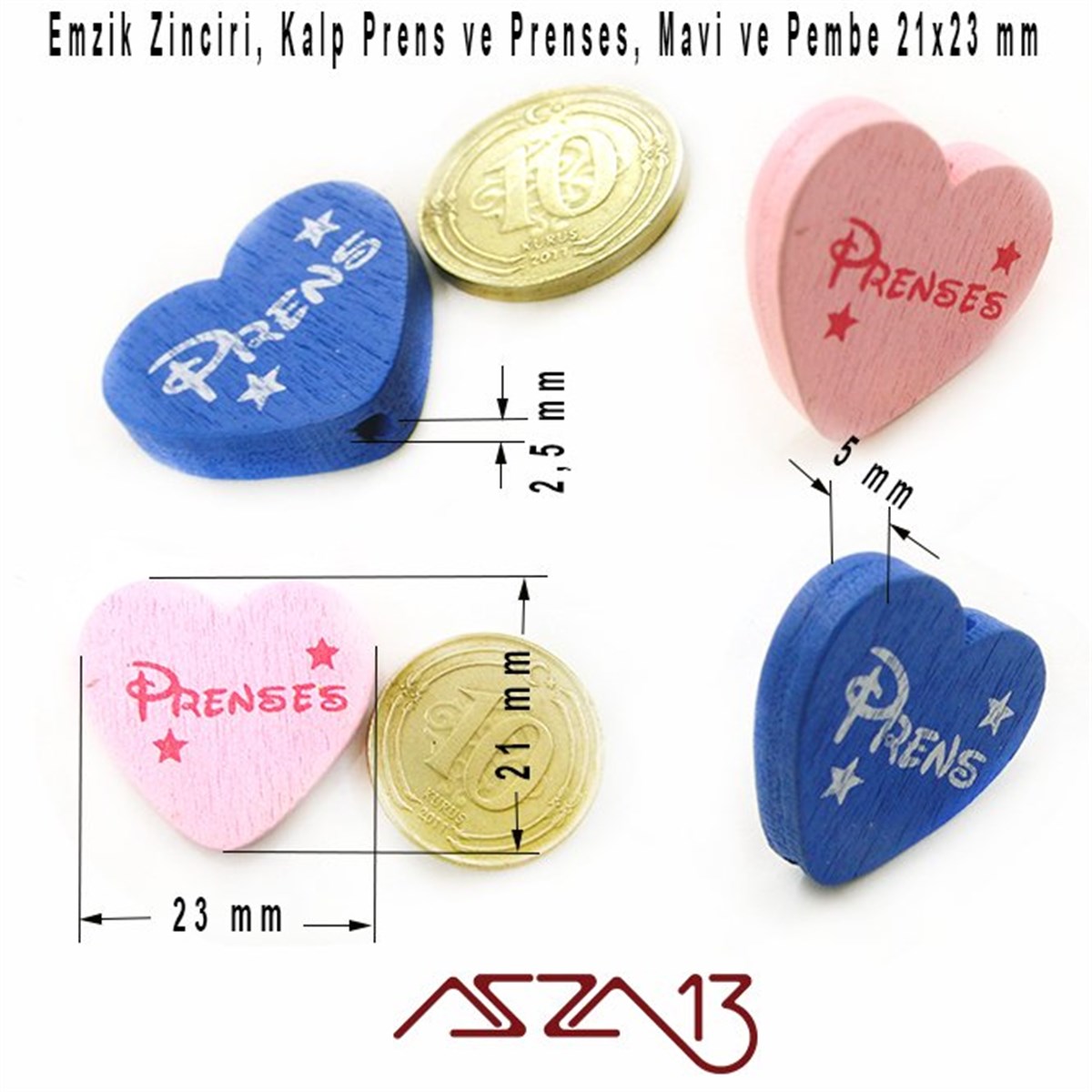 Prens ve Prenses Kalp 21x23 mm, Pembe ve Mavi, Ahşap Boncuk / Paket İçeriği 1 Adet