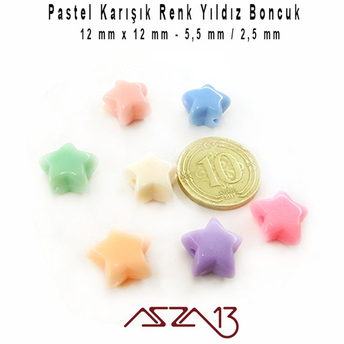 Karışık Pastel Renkli 12 mm Yıldız Boncuk / Paket İçeriği 40 Adet