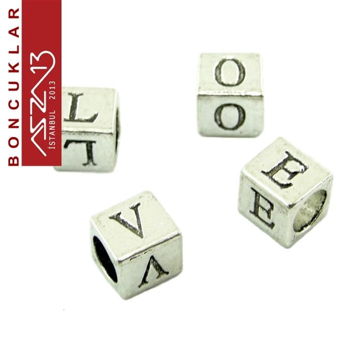 Küp Formunda, Gümüş Kaplama, (L-O-V-E) Harfleri Boncuk / Paket İçeriği 4 Adet