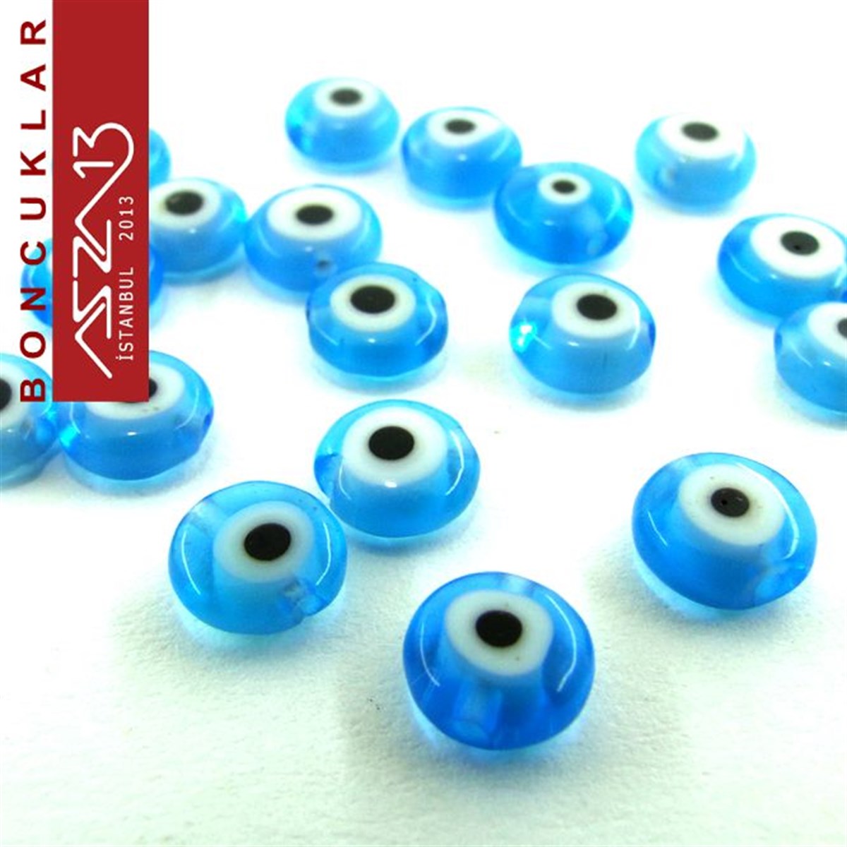 Murano (Mavi Nazar Boncuğu), Şeffaf 6 mm Yassı Yuvarlak Şekilli  Boncuk / Paket İçeriği 20 Adet