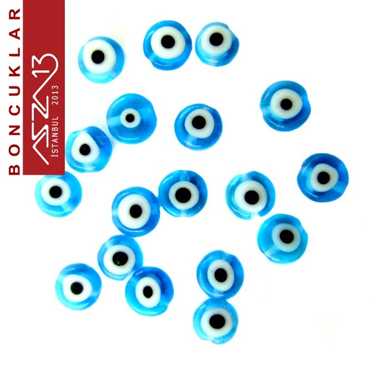 Murano (Mavi Nazar Boncuğu), Şeffaf 6 mm Yassı Yuvarlak Şekilli  Boncuk / Paket İçeriği 20 Adet