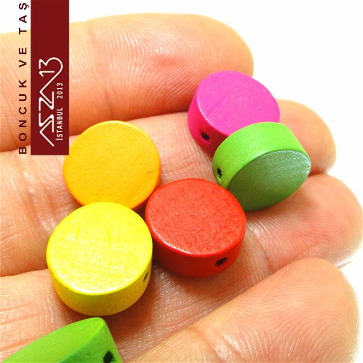 Yassı Yuvarlak 12,5/5,5 mm, Karışık Renkli, Ahşap Boncuk (9,2 Gr) / Paket İçeriği 20 Adet