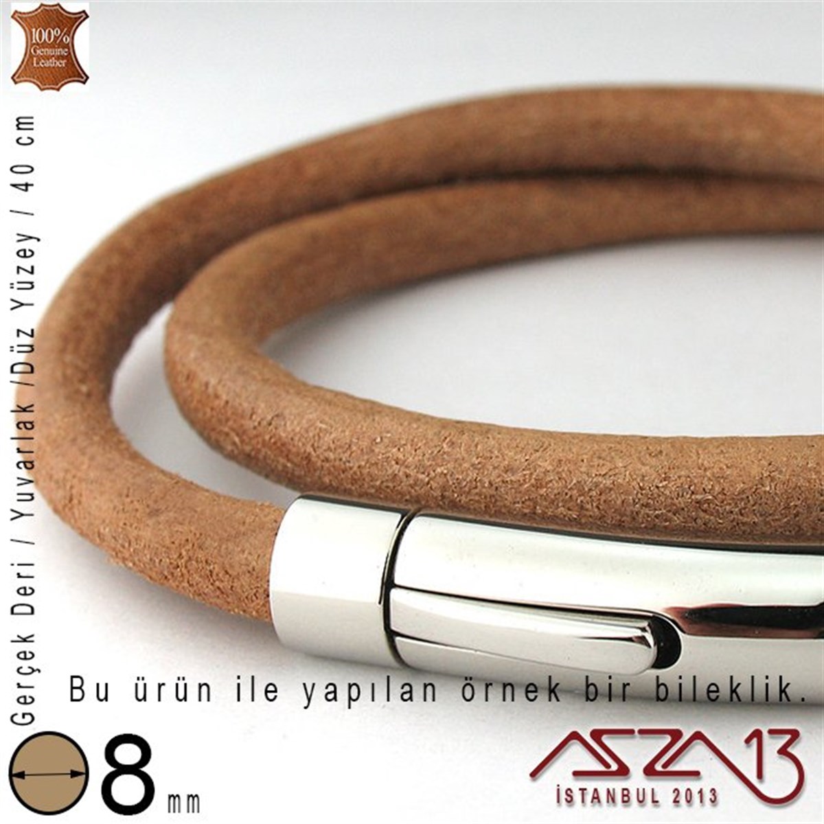 Gerçek Deri - 8 mm - Koyu Tan Rengi - Düz Yüzey - Yuvarlak Kesit - Kordon / 40 cm