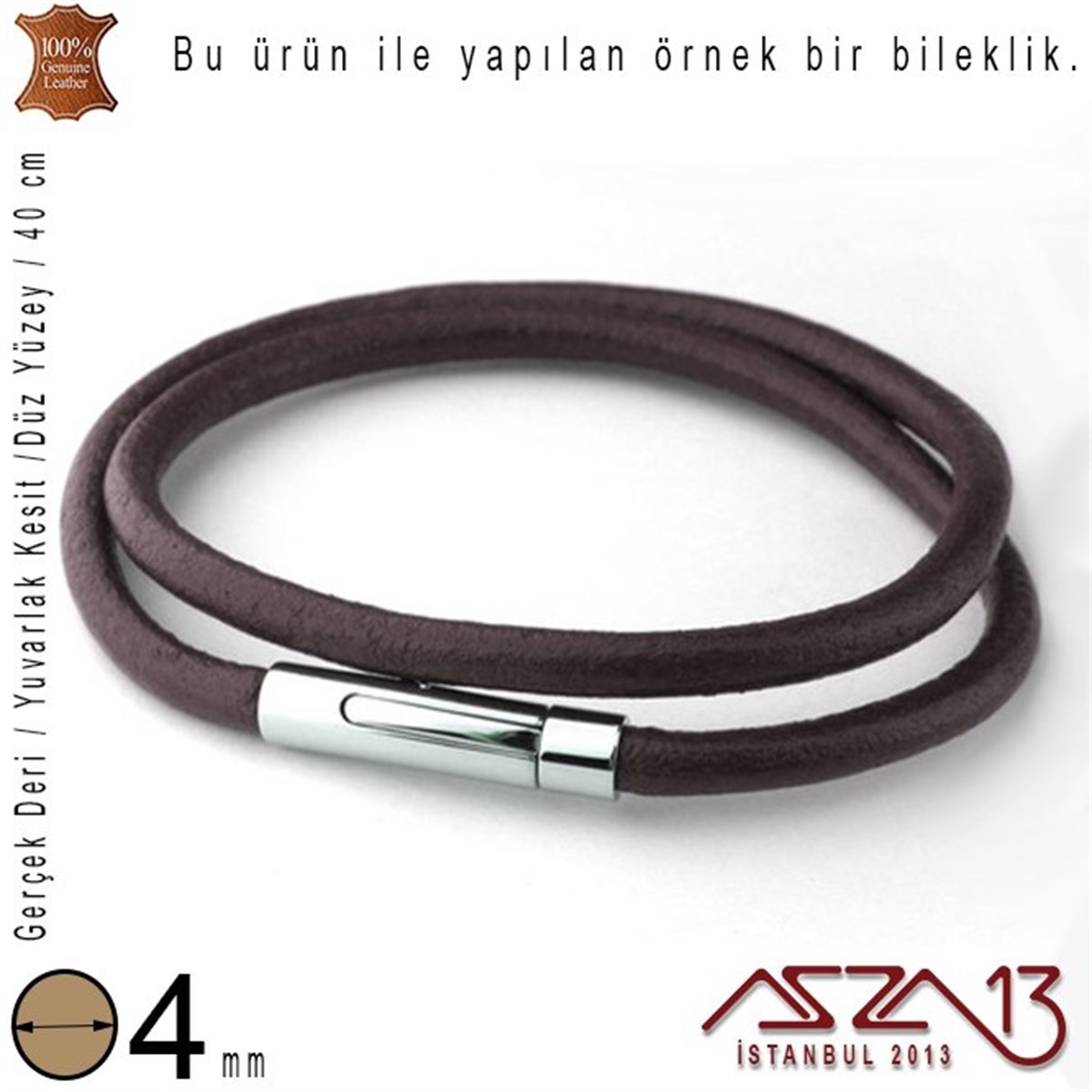 Gerçek Deri - 4 mm - Kahverengi - Düz Yüzey - Yuvarlak Kesit - Kordon / 40 cm