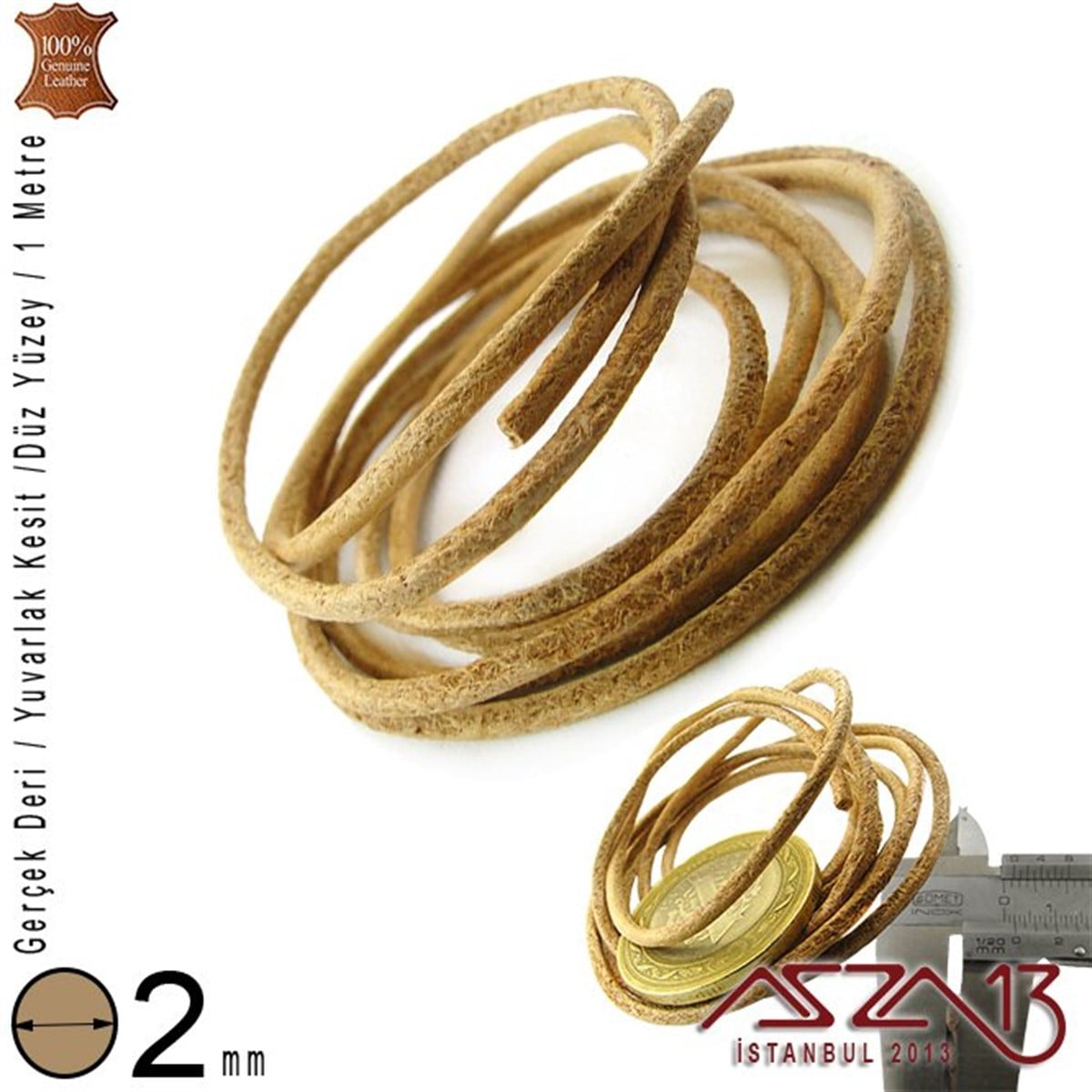 Gerçek Deri - 2 mm - Naturel - Düz Yüzey - Yuvarlak Kesit - Kordon / 1 Metre