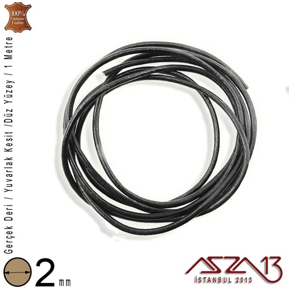 Gerçek Deri - 2 mm - Siyah - Düz Yüzey - Yuvarlak Kesit - Kordon / 1 Metre