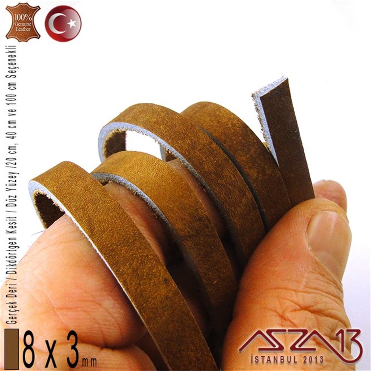 Gerçek Deri - 8x3 mm - Antik Kahve - Düz Yüzey - Dikdörtgen Kesit Kordon / 20 cm - 40 cm - 100 cm