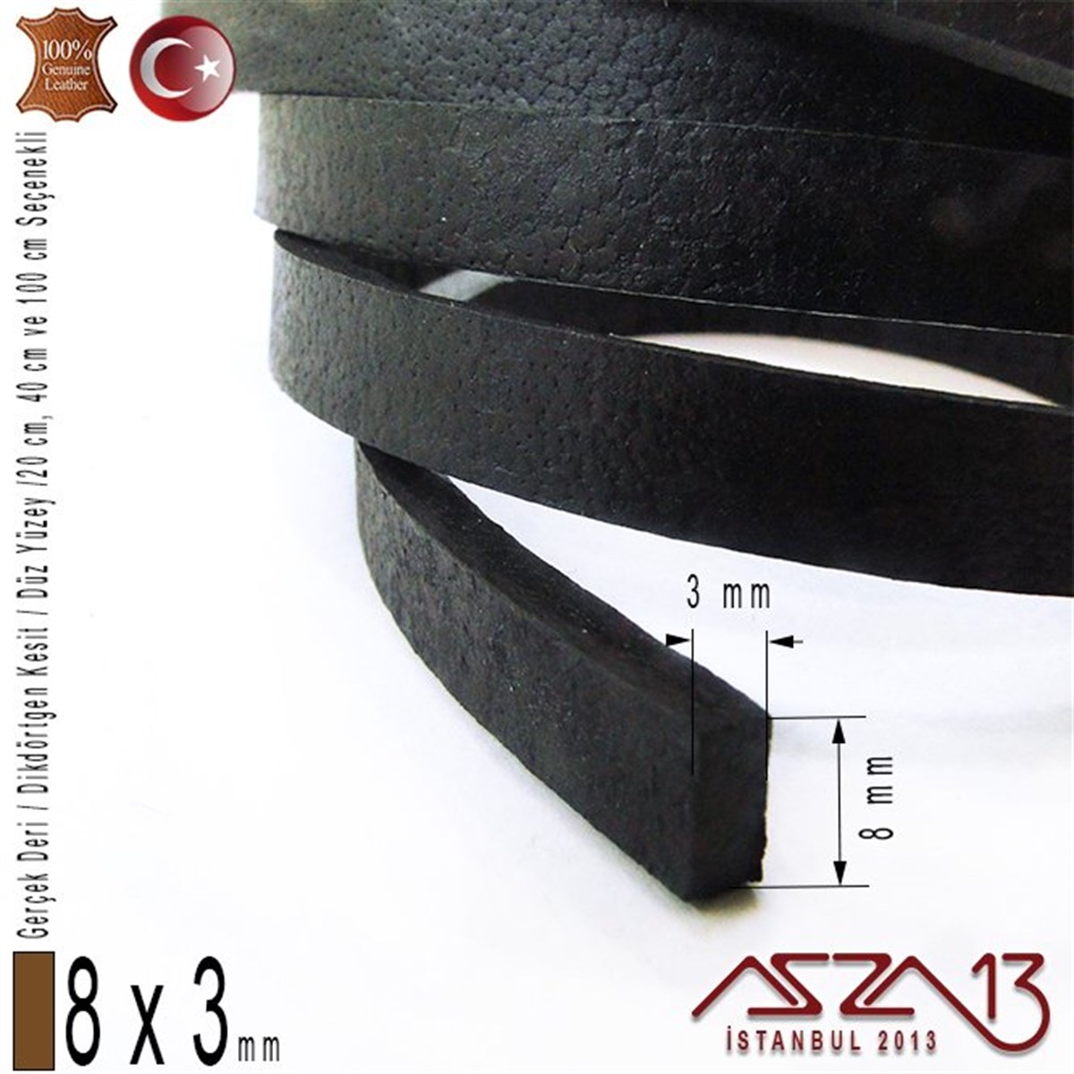 Gerçek Deri - 8x3 mm - Siyah - Düz Yüzey - Dikdörtgen Kesit Kordon / 20 cm - 40 cm - 100 cm