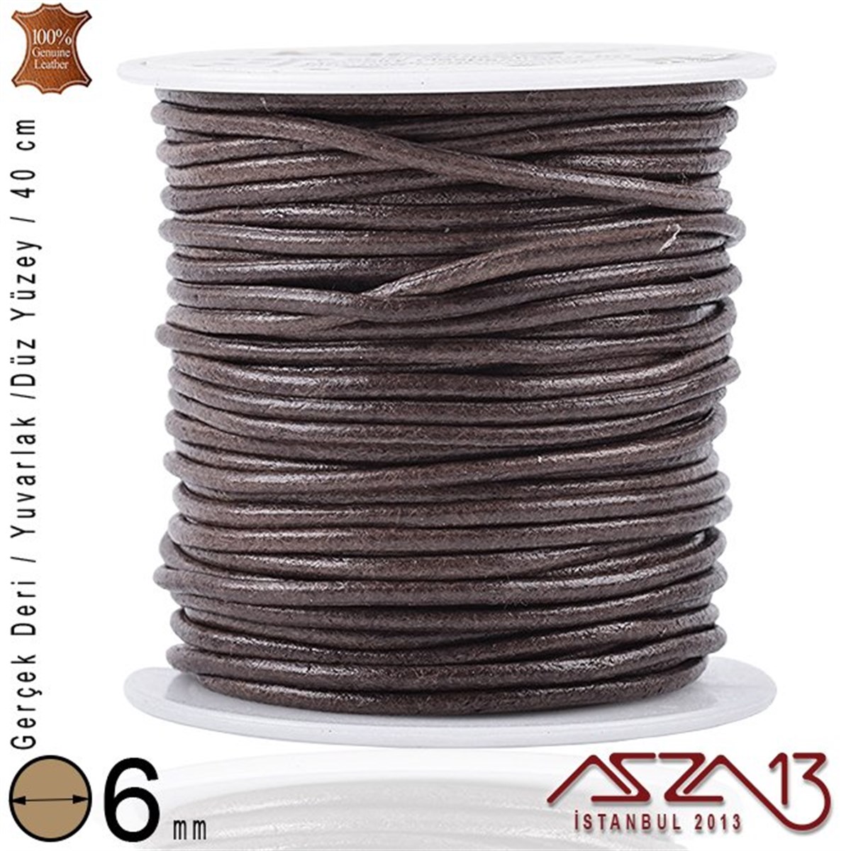 Gerçek Deri - 6 mm - Kahverengi - Düz Yüzey - Yuvarlak Kesit - Kordon / 40 cm