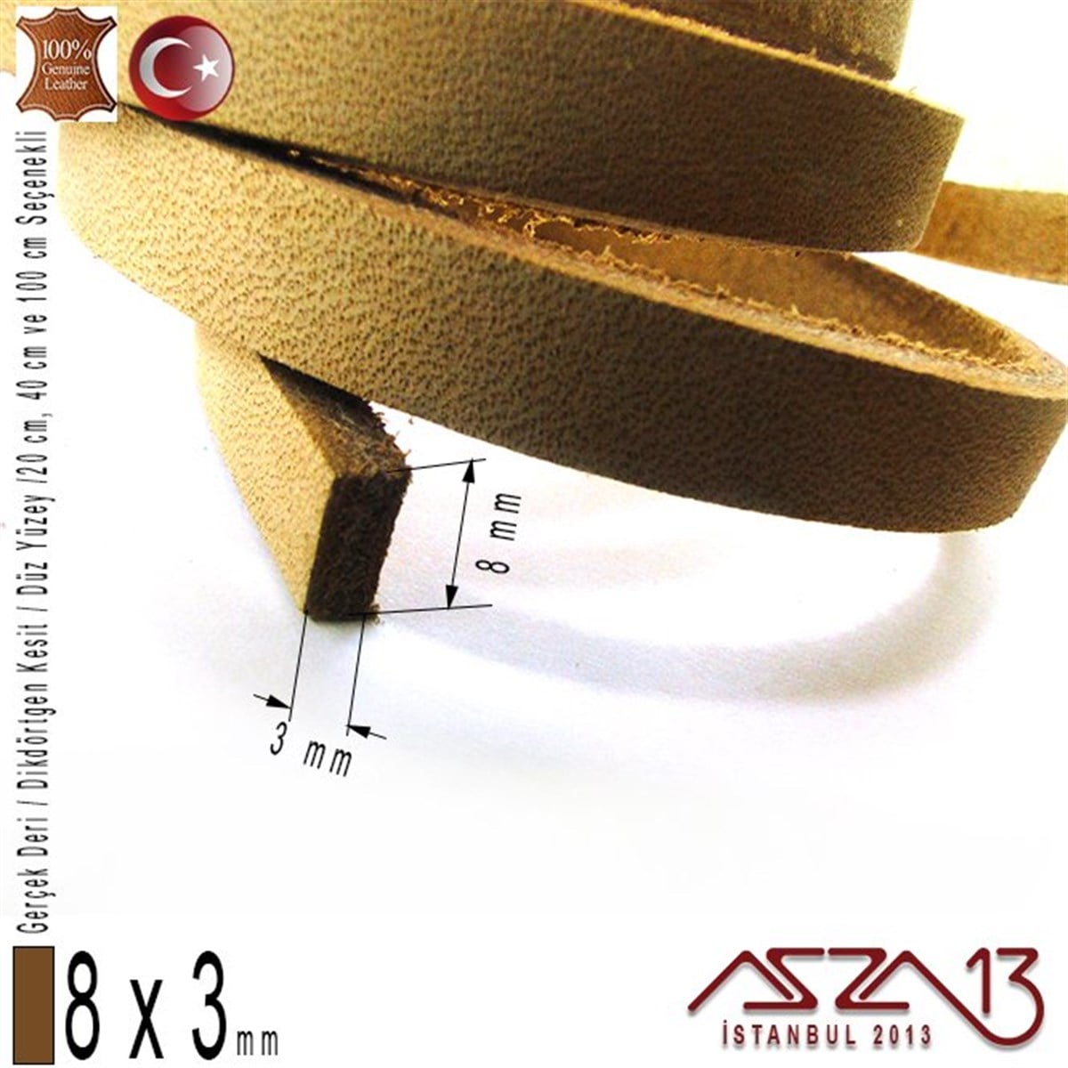 Gerçek Deri - 8x3 mm - Açık Tan - Düz Yüzey - Dikdörtgen Kesit Kordon / 20 cm - 40 cm - 100 cm