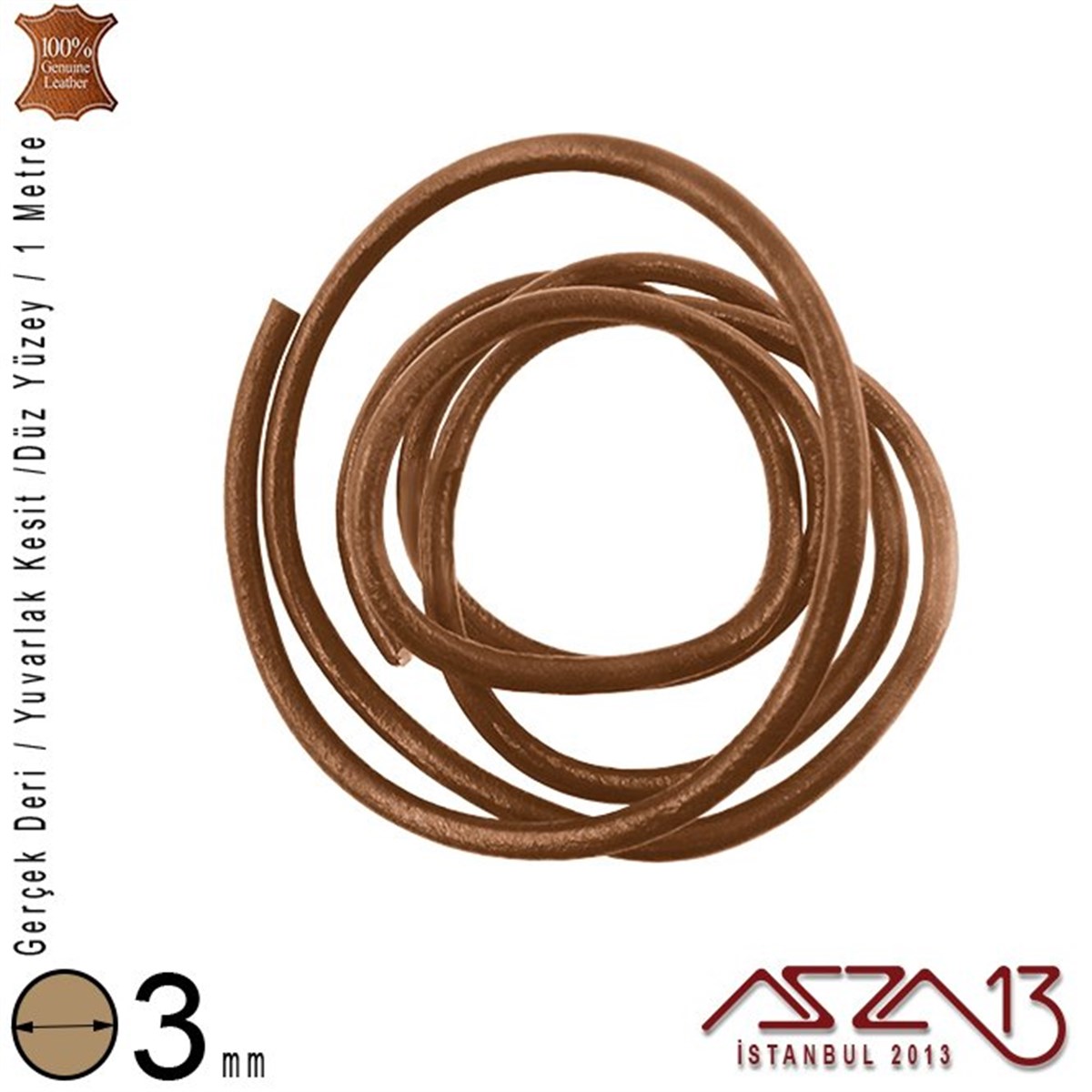 Gerçek Deri - 3 mm - Açık Kahve - Düz Yüzey - Yuvarlak Kesit - Kordon / 1 Metre