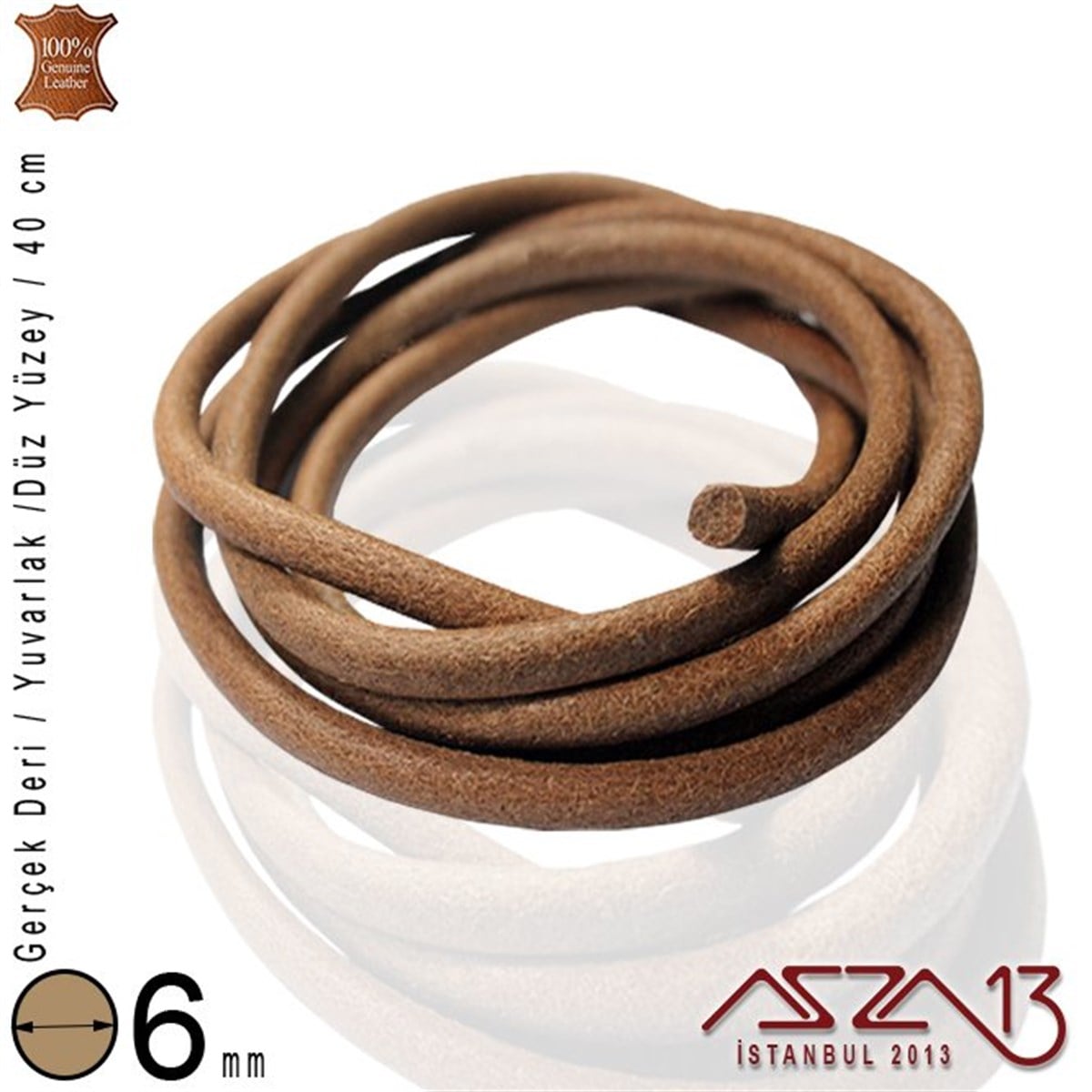Gerçek Deri - 6 mm - Tan Rengi - Düz Yüzey - Yuvarlak Kesit - Kordon / 40 cm
