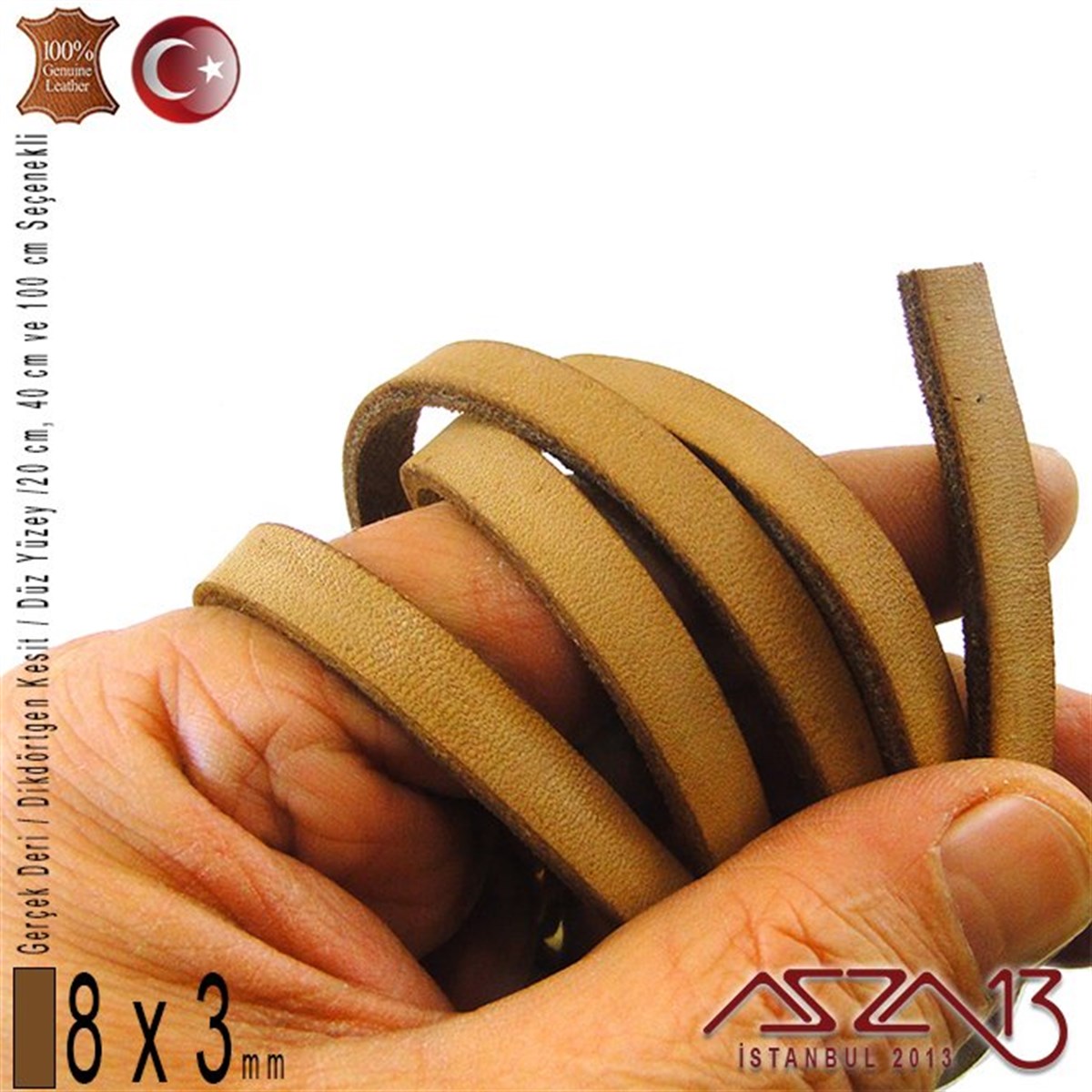Gerçek Deri - 8x3 mm - Koyu Tan - Düz Yüzey - Dikdörtgen Kesit Kordon / 20 cm - 40 cm - 100 cm
