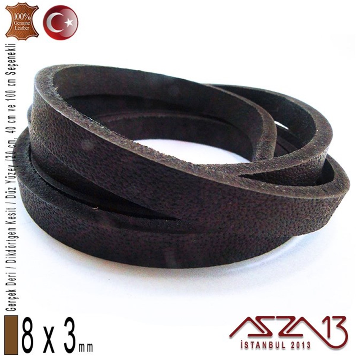 Gerçek Deri - 8x3 mm - Koyu Kahve - Düz Yüzey - Dikdörtgen Kesit Kordon / 20 cm - 40 cm - 100 cm