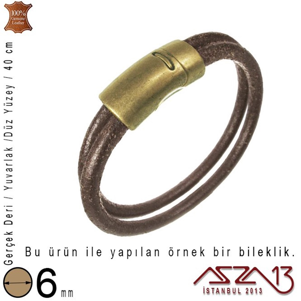 Gerçek Deri - 6 mm - Kahverengi - Düz Yüzey - Yuvarlak Kesit - Kordon / 40 cm