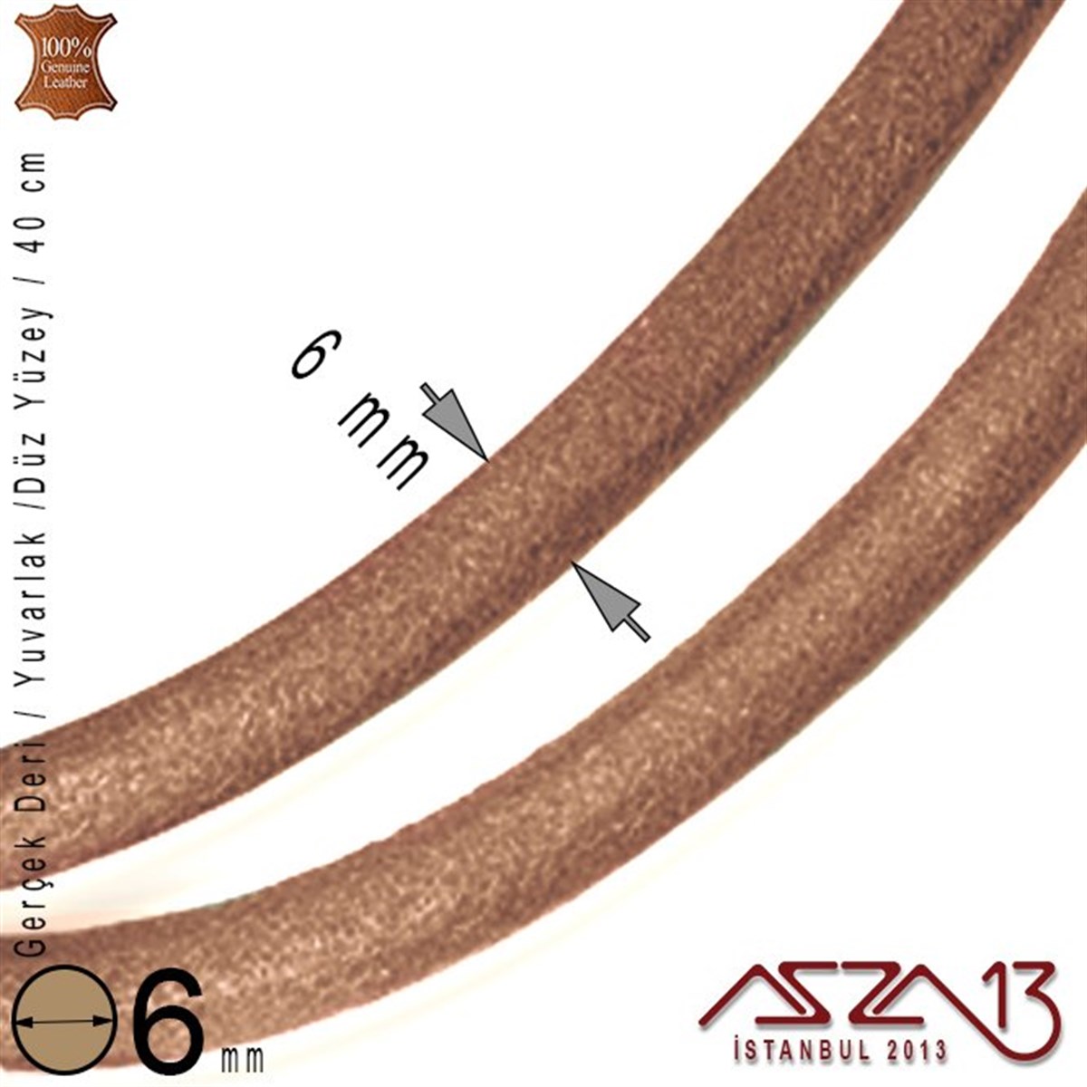 Gerçek Deri - 6 mm - Tan Rengi - Düz Yüzey - Yuvarlak Kesit - Kordon / 40 cm