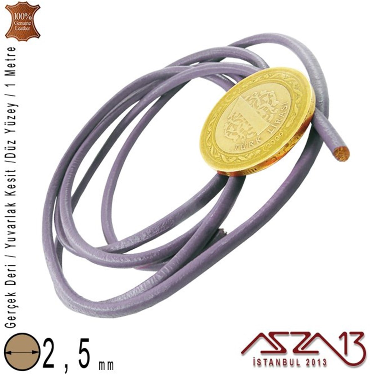 Gerçek Deri - 2,5 mm - Lavanta - Yuvarlak Kesit - Kordon  / 1 Metre
