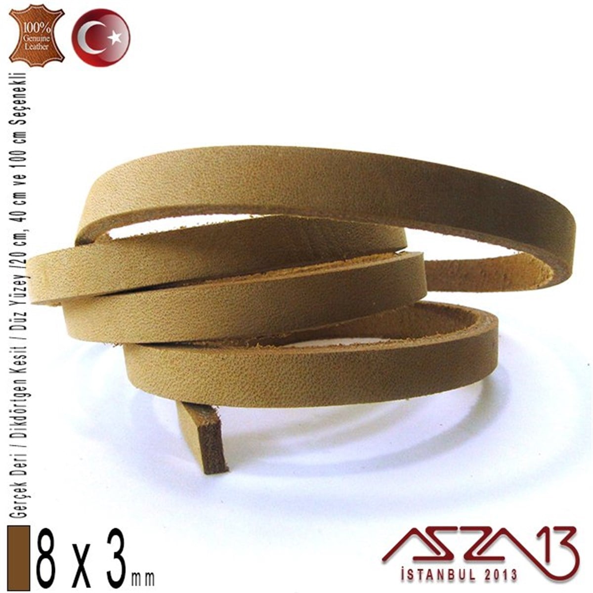 Gerçek Deri - 8x3 mm - Açık Tan - Düz Yüzey - Dikdörtgen Kesit Kordon / 20 cm - 40 cm - 100 cm