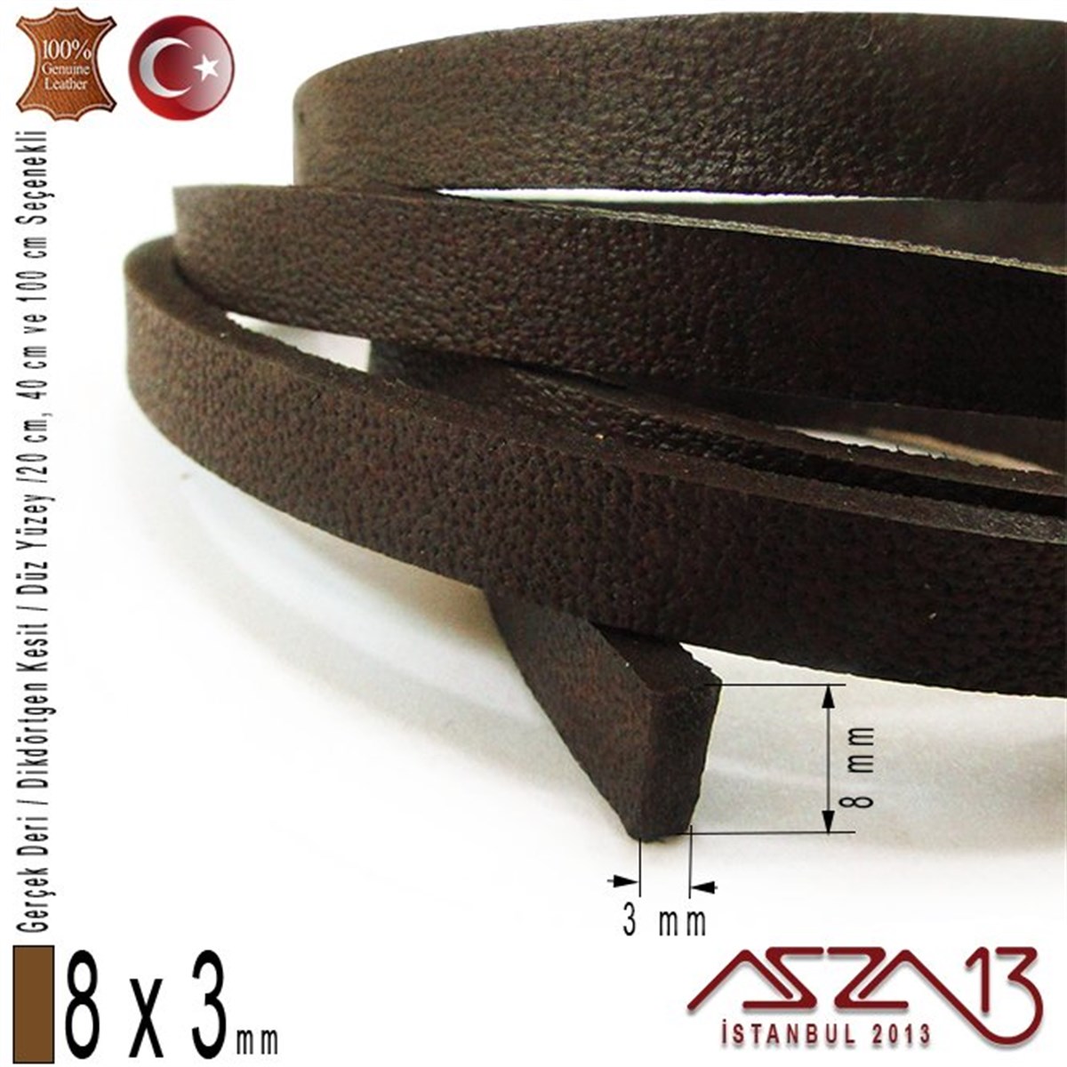 Gerçek Deri - 8x3 mm - Koyu Kahve - Düz Yüzey - Dikdörtgen Kesit Kordon / 20 cm - 40 cm - 100 cm