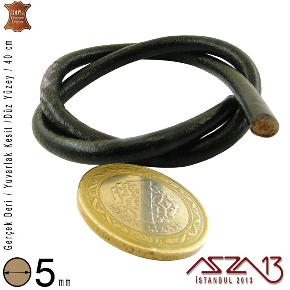 Gerçek Deri - 5 mm - Siyah - Düz Yüzey - Yuvarlak Kesit - Kordon / 40 cm
