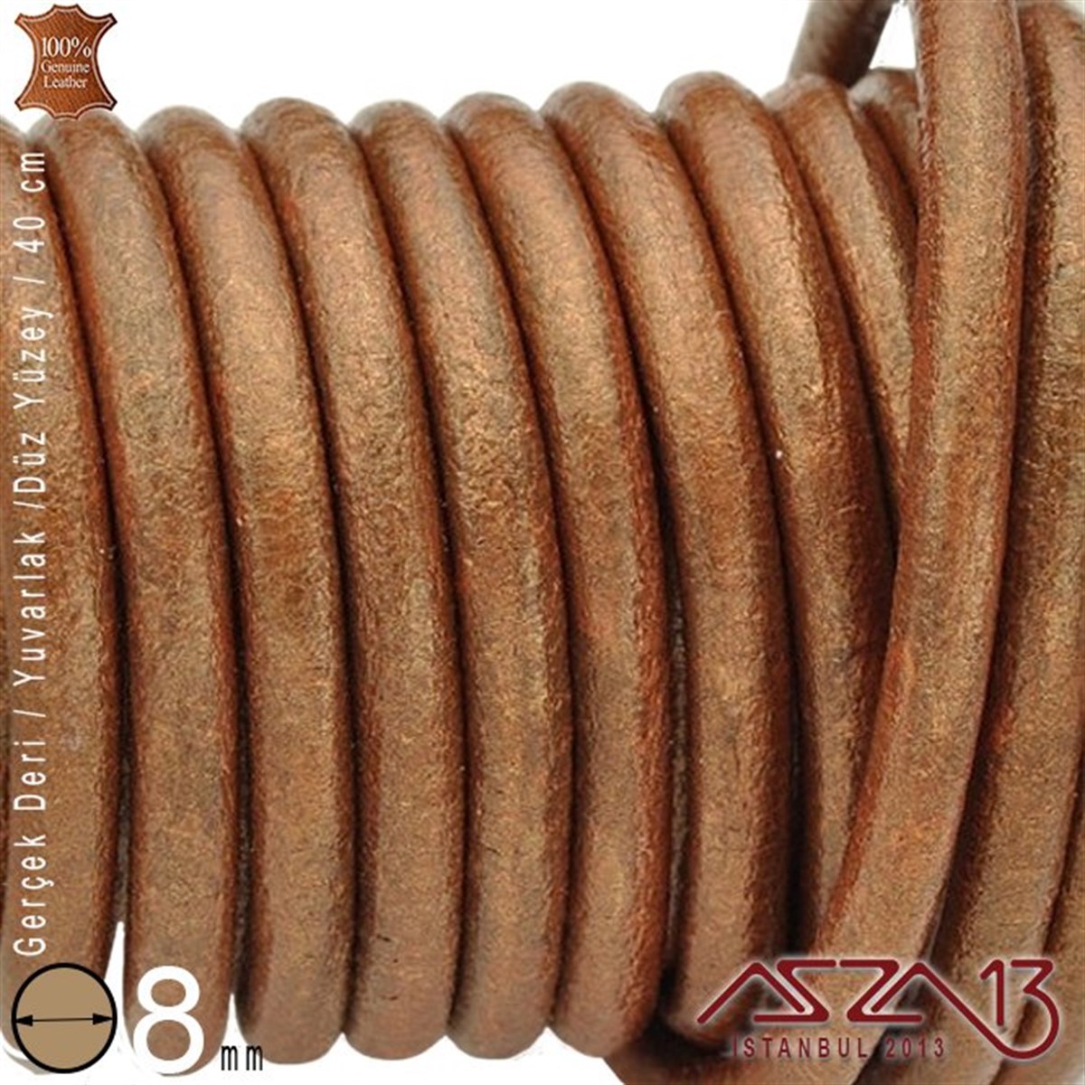 Gerçek Deri - 8 mm - Koyu Tan Rengi - Düz Yüzey - Yuvarlak Kesit - Kordon / 40 cm