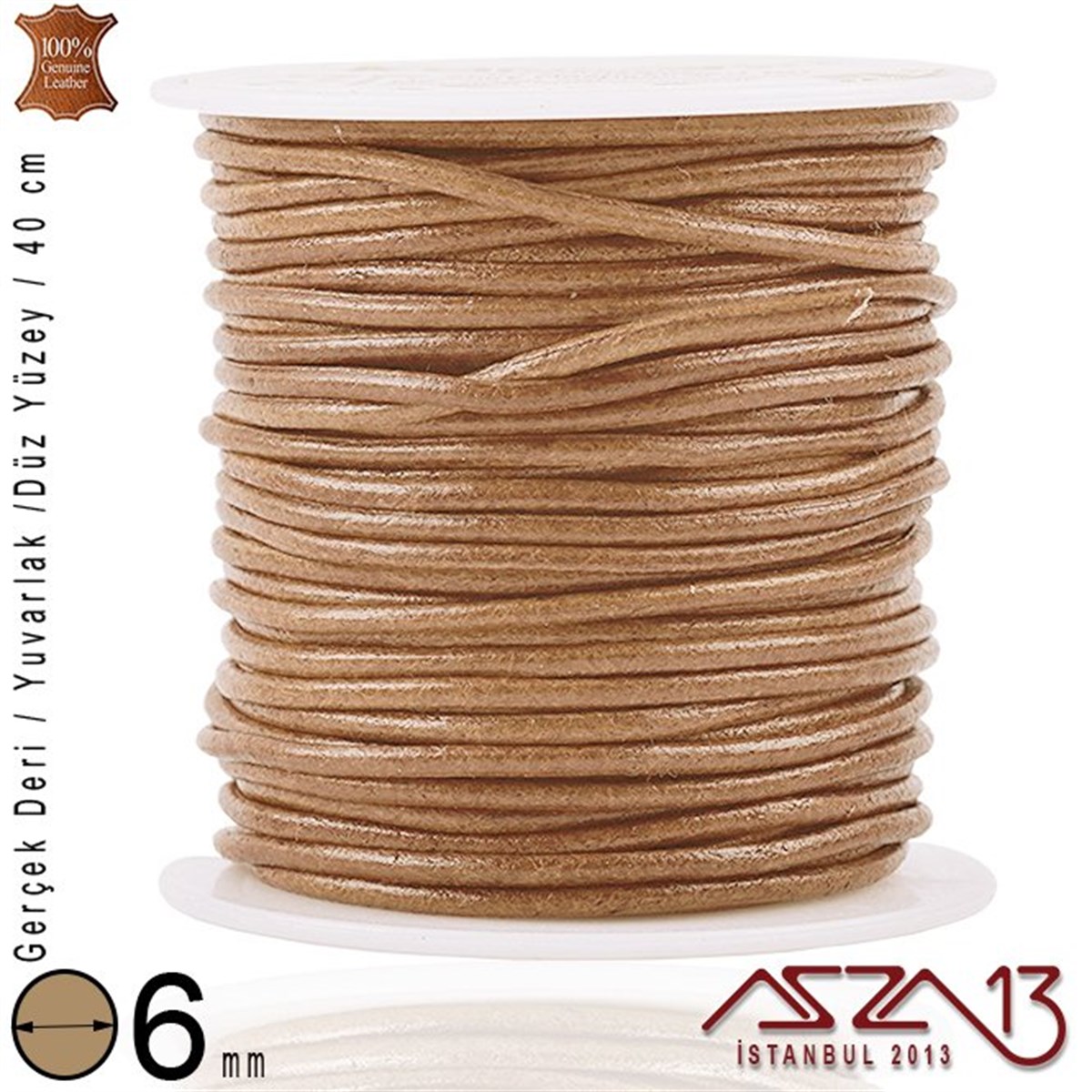 Gerçek Deri - 6 mm - Tan Rengi - Düz Yüzey - Yuvarlak Kesit - Kordon / 40 cm
