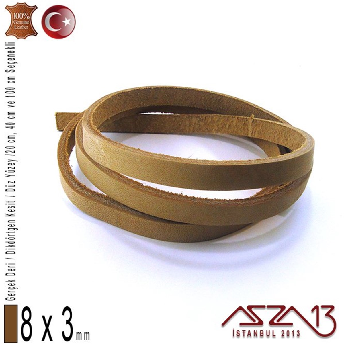 Gerçek Deri - 8x3 mm - Açık Tan - Düz Yüzey - Dikdörtgen Kesit Kordon / 20 cm - 40 cm - 100 cm