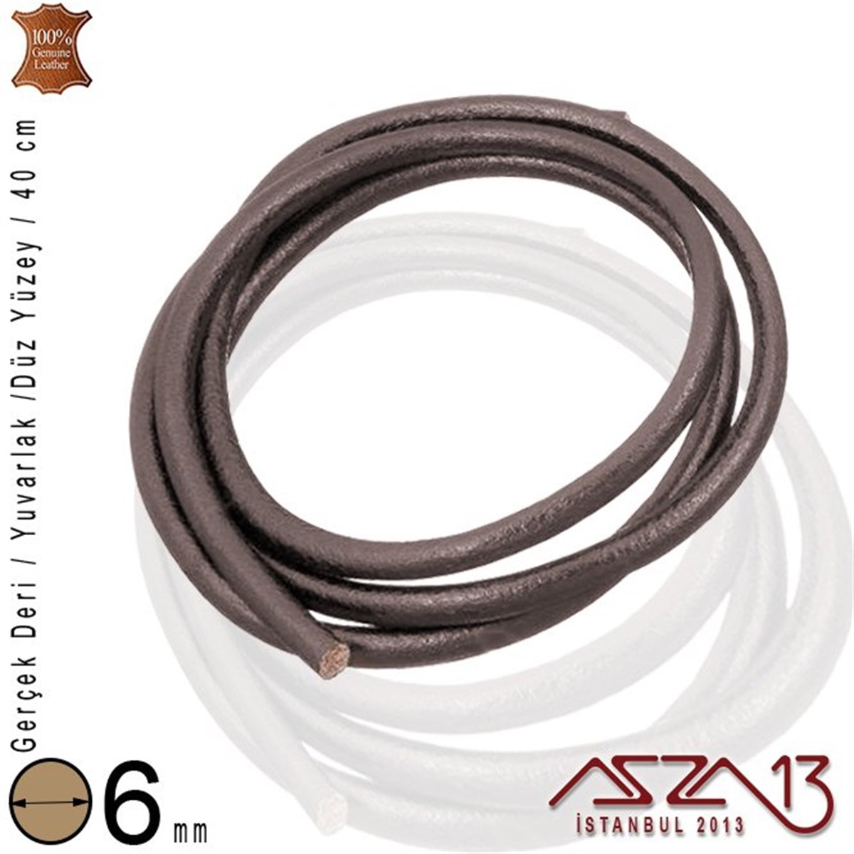 Gerçek Deri - 6 mm - Kahverengi - Düz Yüzey - Yuvarlak Kesit - Kordon / 40 cm