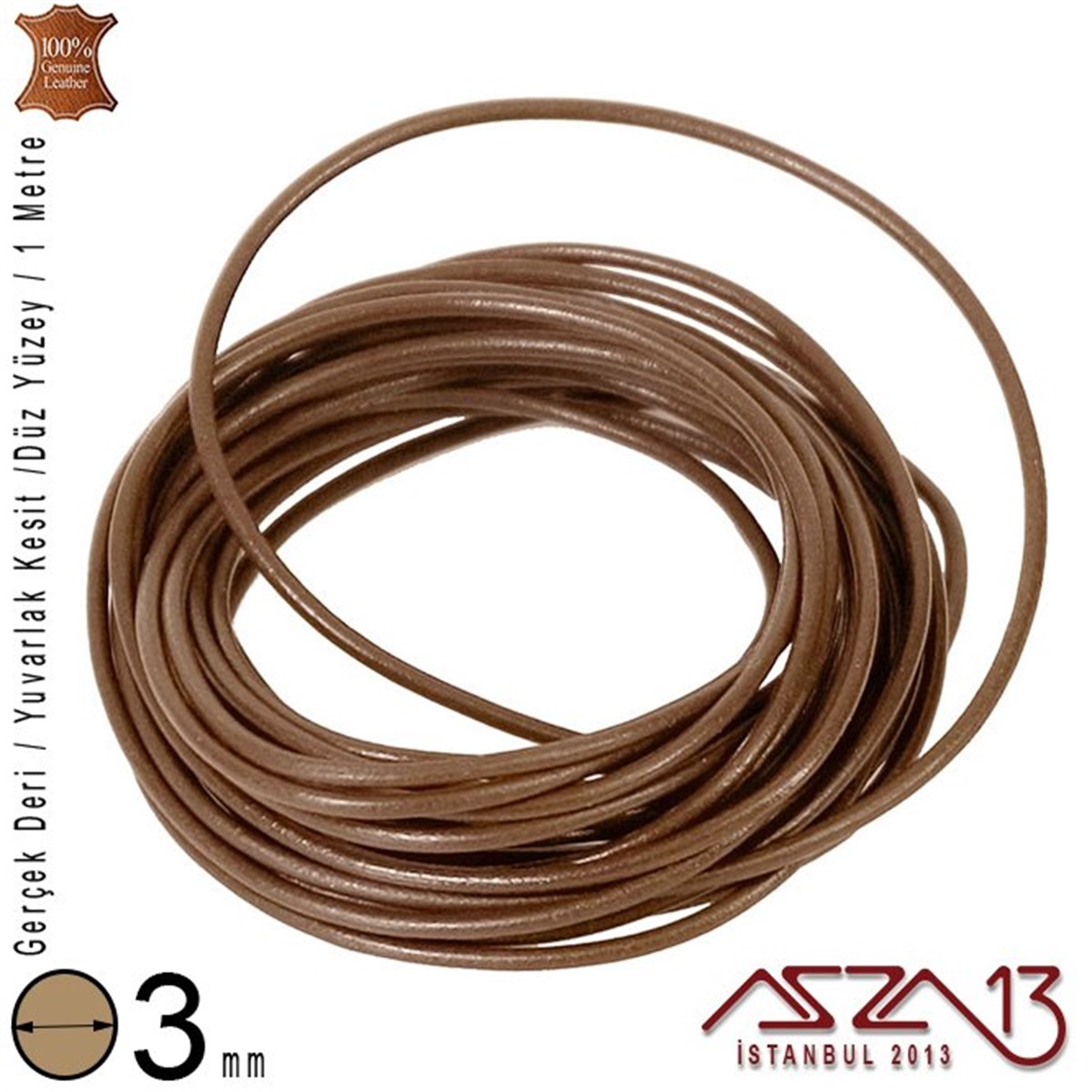 Gerçek Deri - 3 mm - Açık Kahve - Düz Yüzey - Yuvarlak Kesit - Kordon / 1 Metre