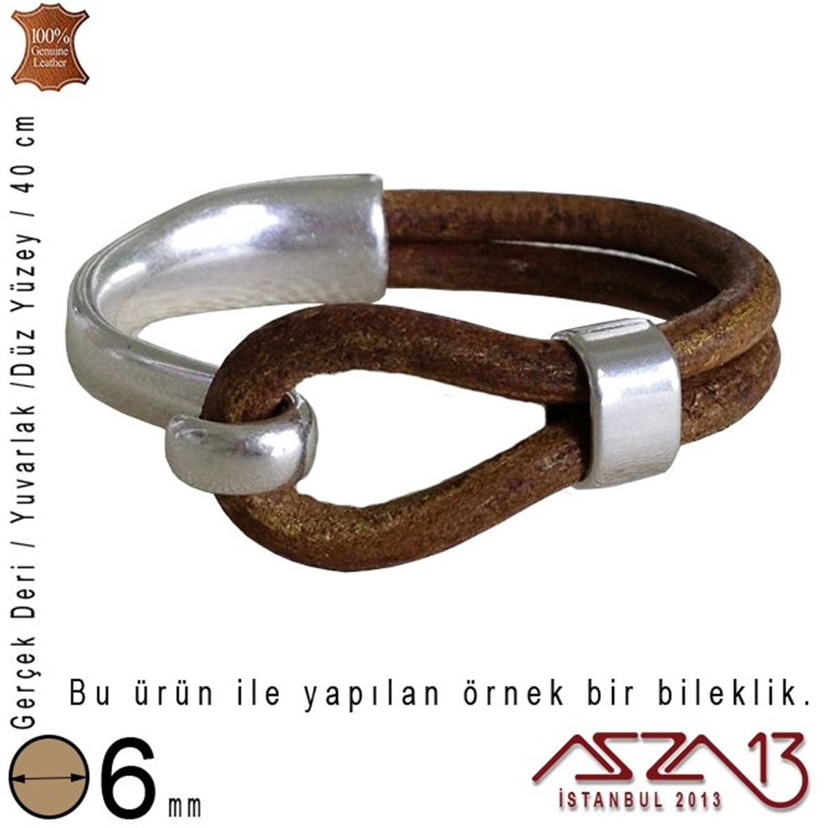 Gerçek Deri - 6 mm - Tan Rengi - Düz Yüzey - Yuvarlak Kesit - Kordon / 40 cm