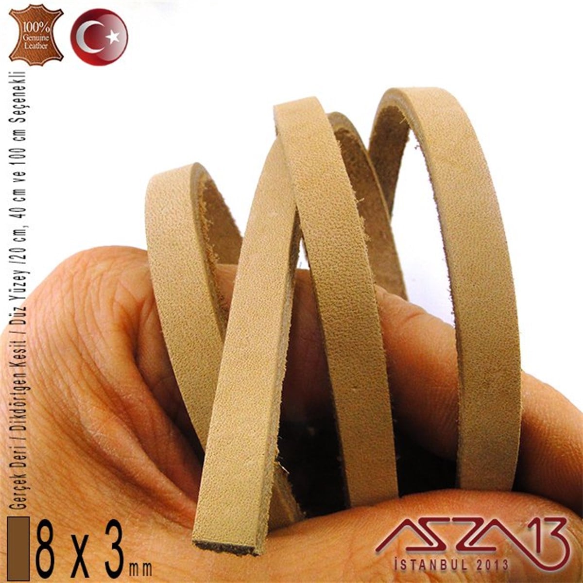 Gerçek Deri - 8x3 mm - Açık Tan - Düz Yüzey - Dikdörtgen Kesit Kordon / 20 cm - 40 cm - 100 cm