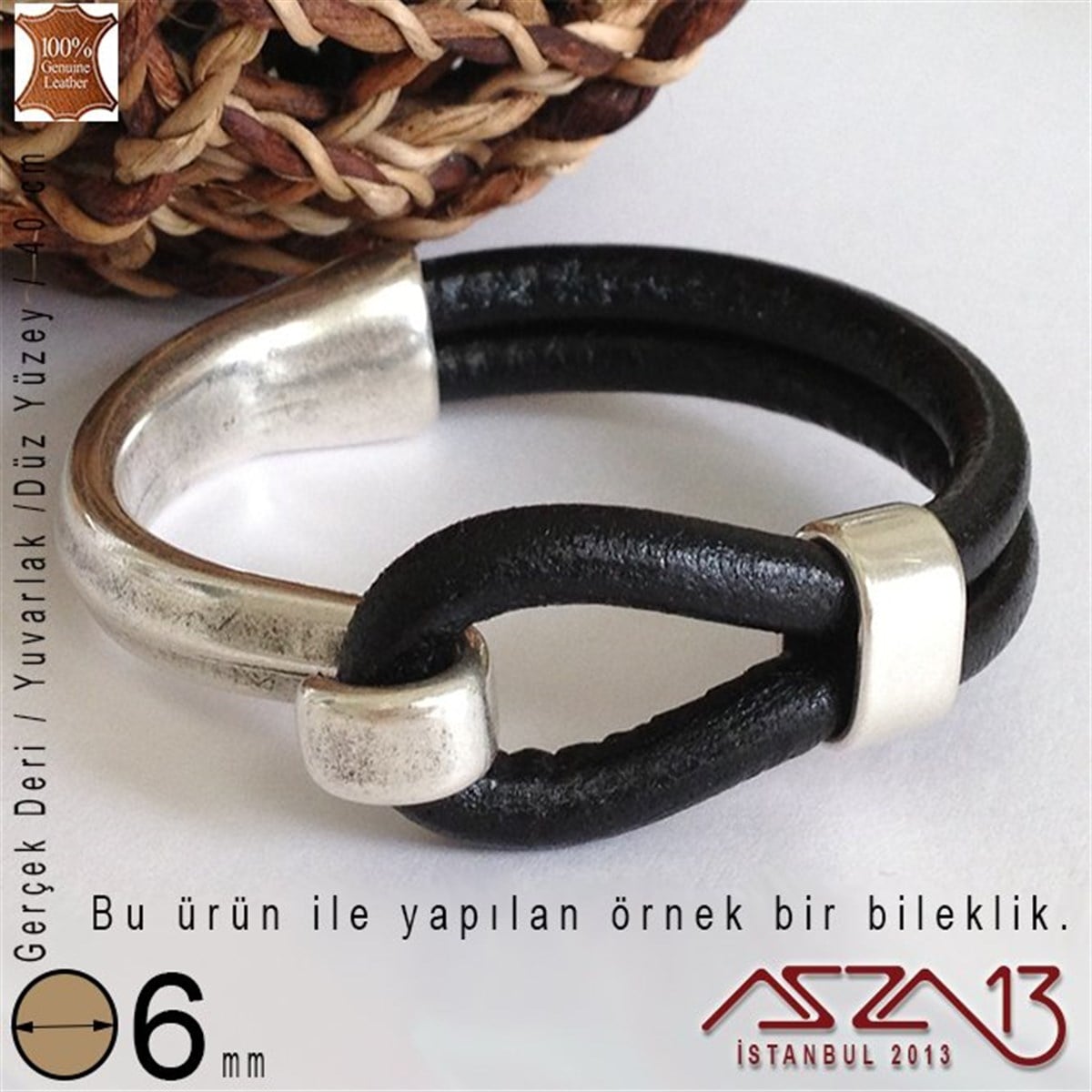 Gerçek Deri - 6 mm - Siyah - Düz Yüzey - Yuvarlak Kesit - Kordon / 40 cm