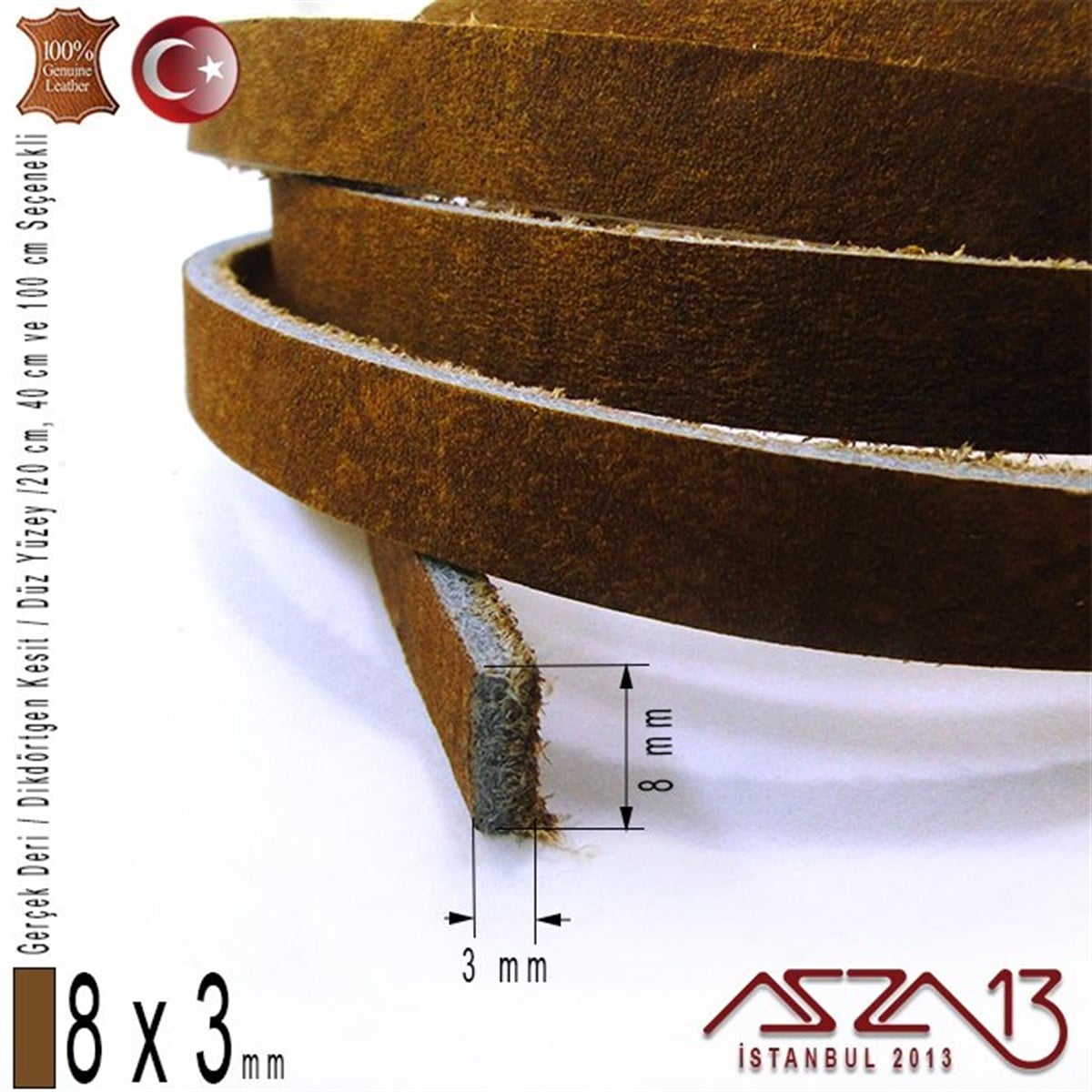 Gerçek Deri - 8x3 mm - Antik Kahve - Düz Yüzey - Dikdörtgen Kesit Kordon / 20 cm - 40 cm - 100 cm