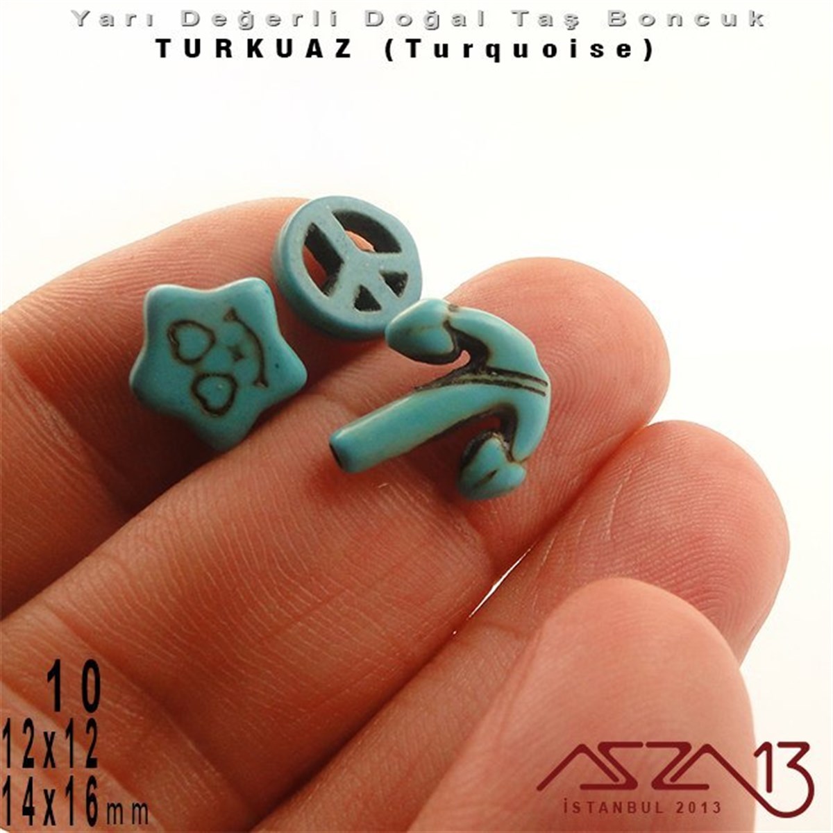 14x16 mm Gemi Çıpası, 10 mm Özgürlük İşareti, 12x12 mm Gülen Yüz İfadeli Yıldız - Düz Yüzey - Turkuaz (Turquoise) Boncuk / 3  Adet