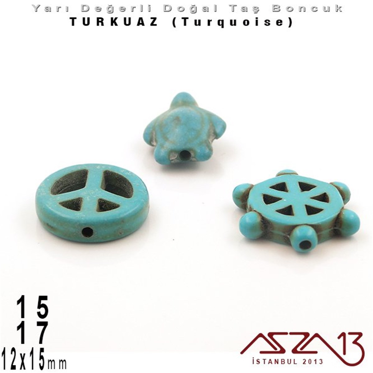 12x15 mm Kaplumbağa, 15 mm Özgürlük İşareti, 17 mm Gemi Dümeni - Düz Yüzey - Turkuaz (Turquoise) Boncuk / 3  Adet