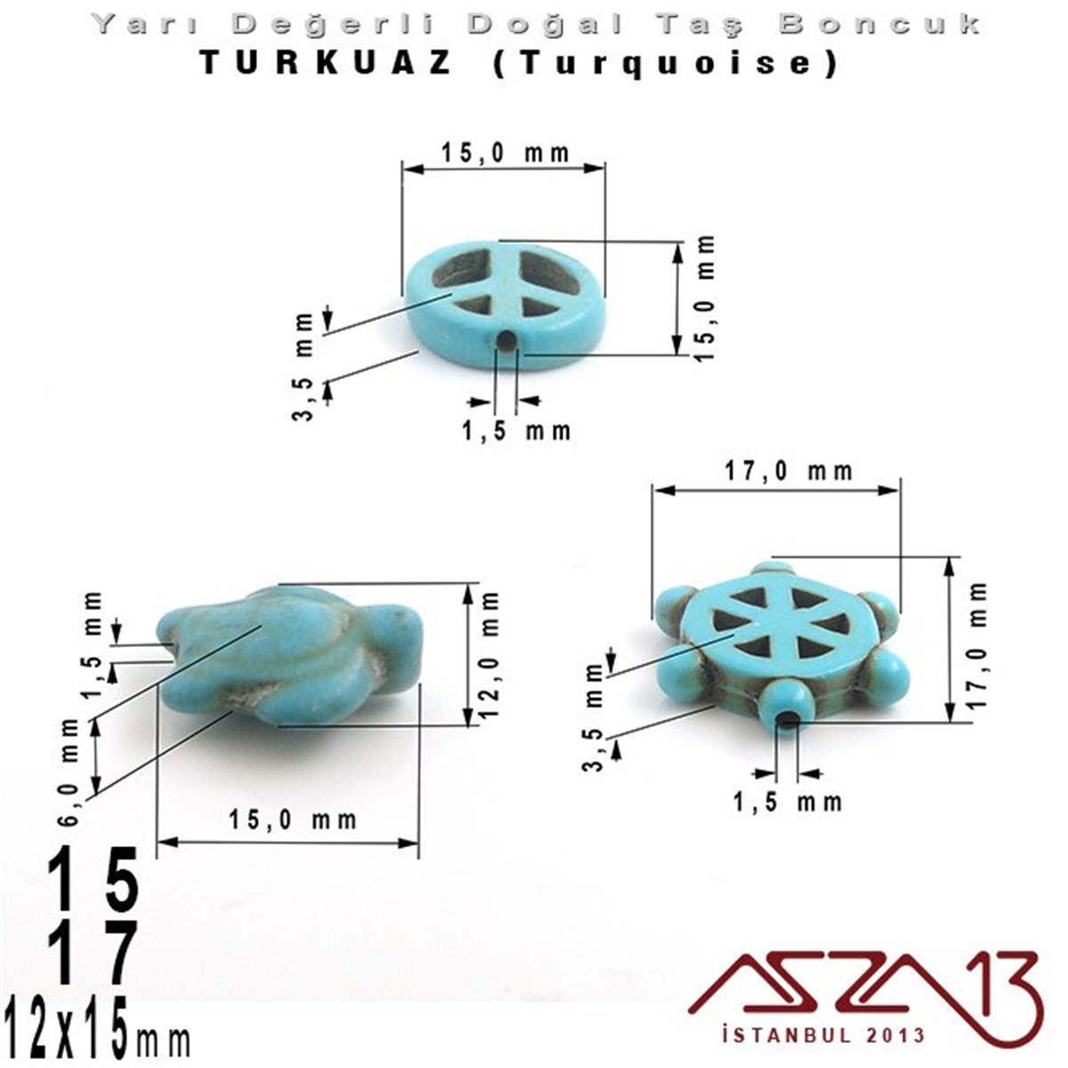 12x15 mm Kaplumbağa, 15 mm Özgürlük İşareti, 17 mm Gemi Dümeni - Düz Yüzey - Turkuaz (Turquoise) Boncuk / 3  Adet