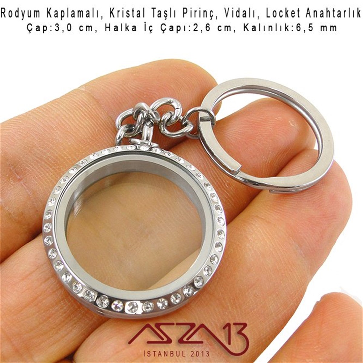 30 mm Yuvarlak, Rodyum, Kristal Taşlı Vidalı Loket Anahtarlık