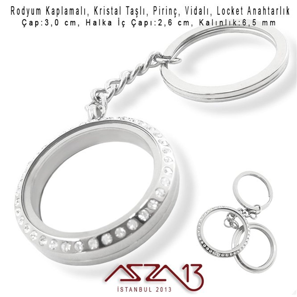 30 mm Yuvarlak, Rodyum, Kristal Taşlı Vidalı Loket Anahtarlık