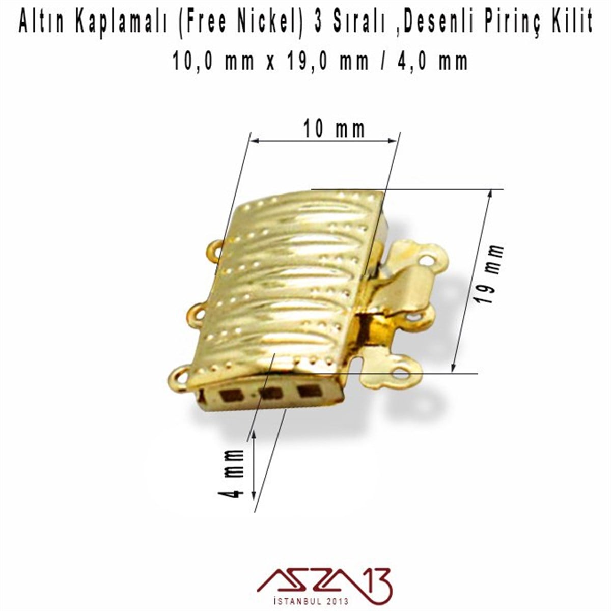 Altın Kaplamalı-1,0x1,9 cm-Desenli 3 Sıralı Kilit / 1 Adet