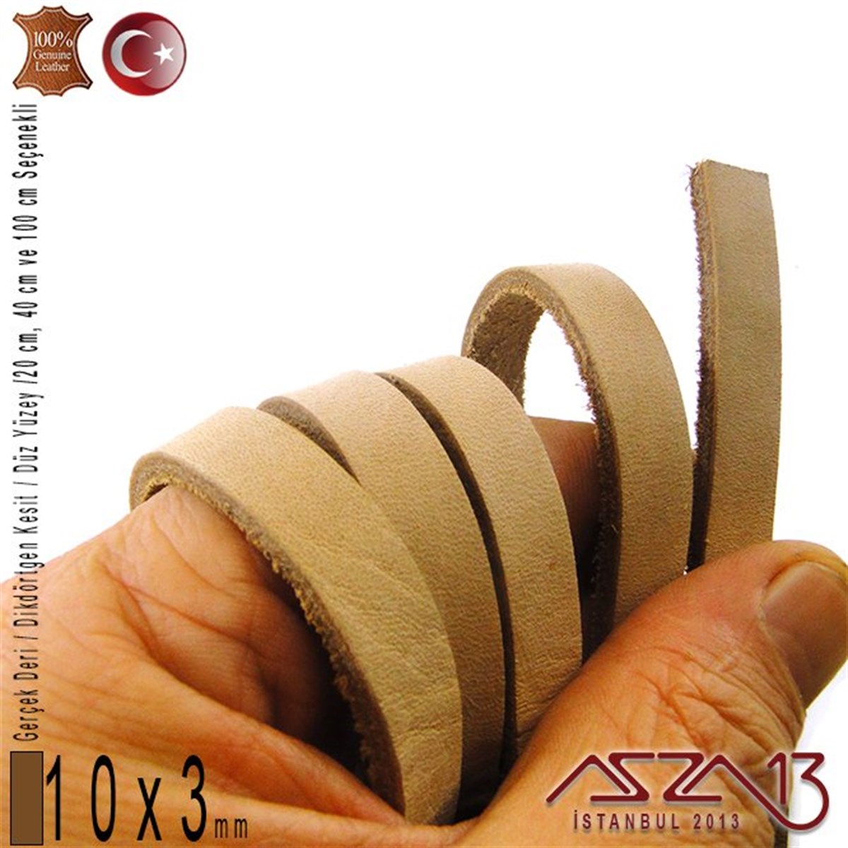 Gerçek Deri - 10x3 mm - Açık Tan - Düz Yüzey - Dikdörtgen Kesit Kordon / 20 cm - 40 cm - 100 cm
