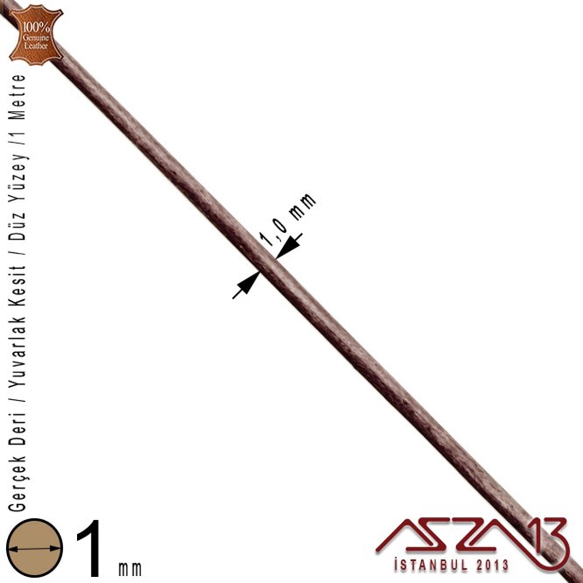 Gerçek Deri - 1 mm - Kahverengi - Düz Yüzey - Yuvarlak Kesit - Kordon / 1 Metre