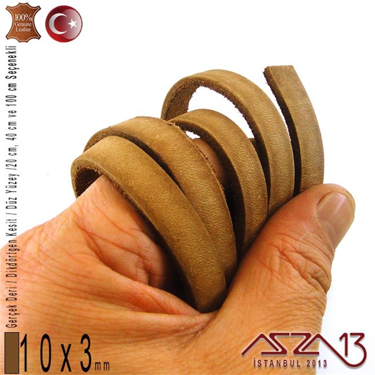 Gerçek Deri - 10x3 mm - Koyu Tan - Düz Yüzey - Dikdörtgen Kesit Kordon / 20 cm - 40 cm - 100 cm