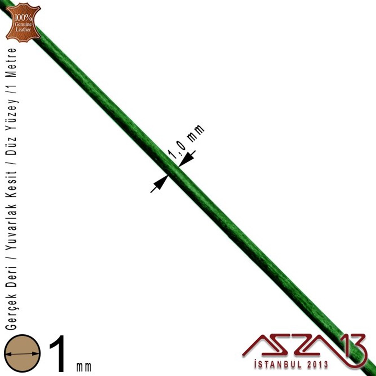 Gerçek Deri - 1 mm - Yeşil - Düz Yüzey - Yuvarlak Kesit - Kordon / 1 Metre