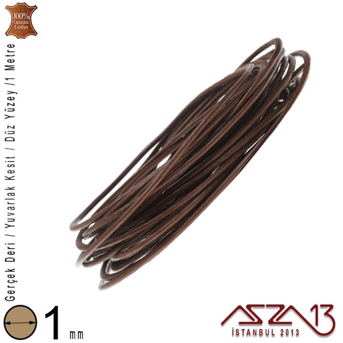 Gerçek Deri - 1 mm - Kahverengi - Düz Yüzey - Yuvarlak Kesit - Kordon / 1 Metre