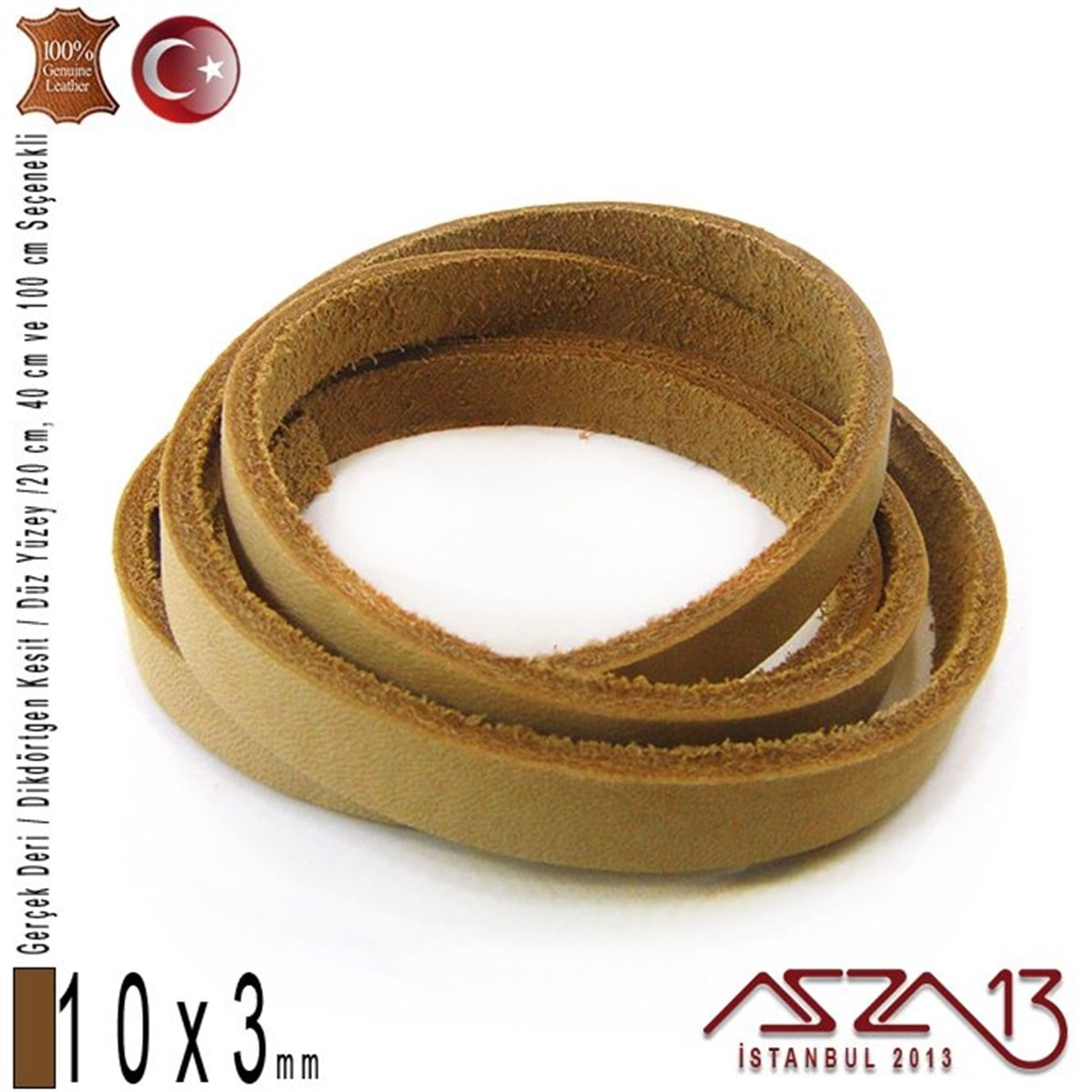 Gerçek Deri - 10x3 mm - Açık Tan - Düz Yüzey - Dikdörtgen Kesit Kordon / 20 cm - 40 cm - 100 cm