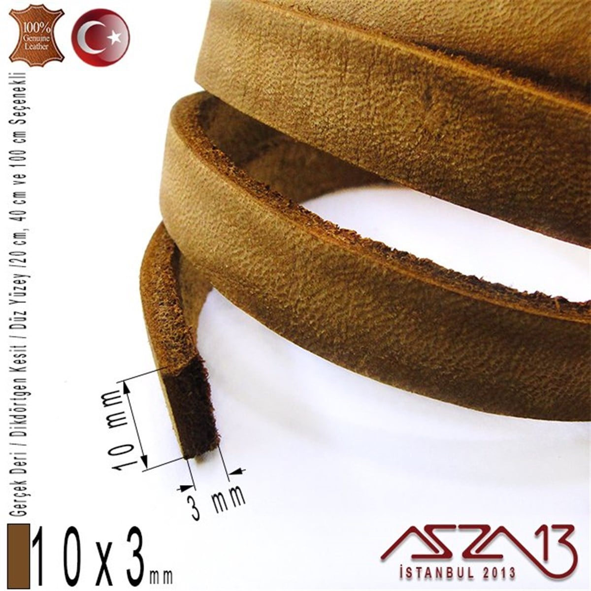 Gerçek Deri - 10x3 mm - Koyu Tan - Düz Yüzey - Dikdörtgen Kesit Kordon / 20 cm - 40 cm - 100 cm