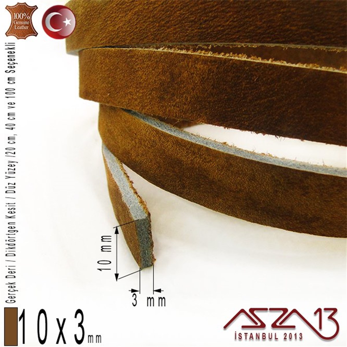 Gerçek Deri - 10x3 mm - Antik Kahve - Düz Yüzey - Dikdörtgen Kesit Kordon / 20 cm - 40 cm - 100 cm